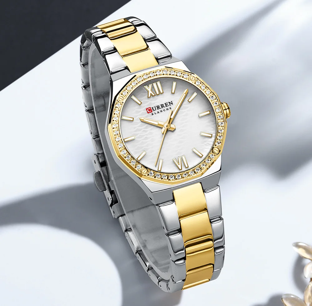 CURREN 9103 Elegant Rhinestone Ladies Watch Lightweight Luminous Quartz Watch Waterproof Stainless Steel Clock