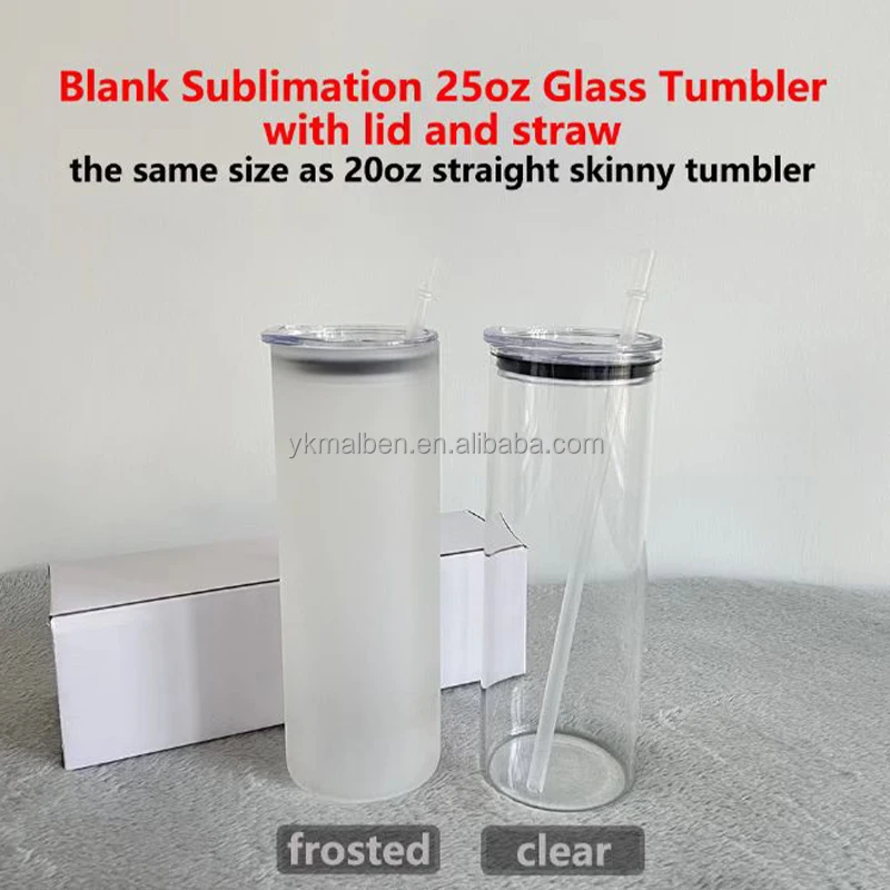 25 Pack 25oz Sublimation Frosted Clear Glass Tumbler Blanks with Bamboo Lids  and Plastic Straw