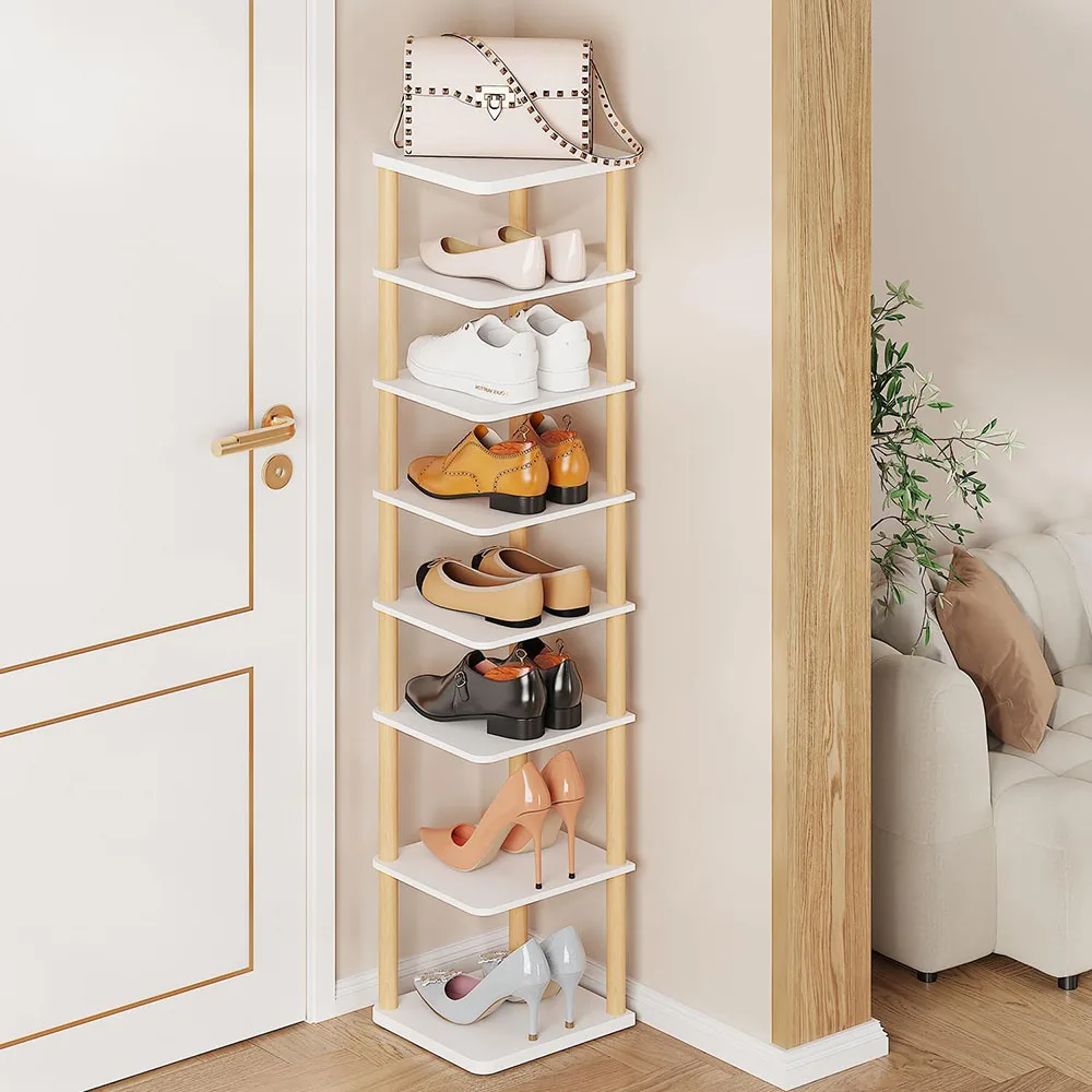 8-Tier Vertical Shoe Rack Modern Design Tall Narrow Freestanding Wooden Shoe Organizer for Entryway Closet Living Room Furniture