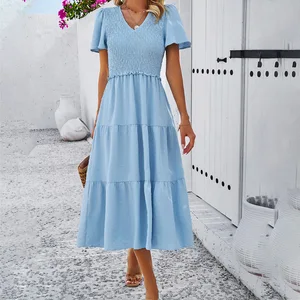2025 New Women's Clothing Elegant Casual Polka Dot V-Neck Short-Sleeve Casual Dress Daily Commute Versatile Long Dress for Women