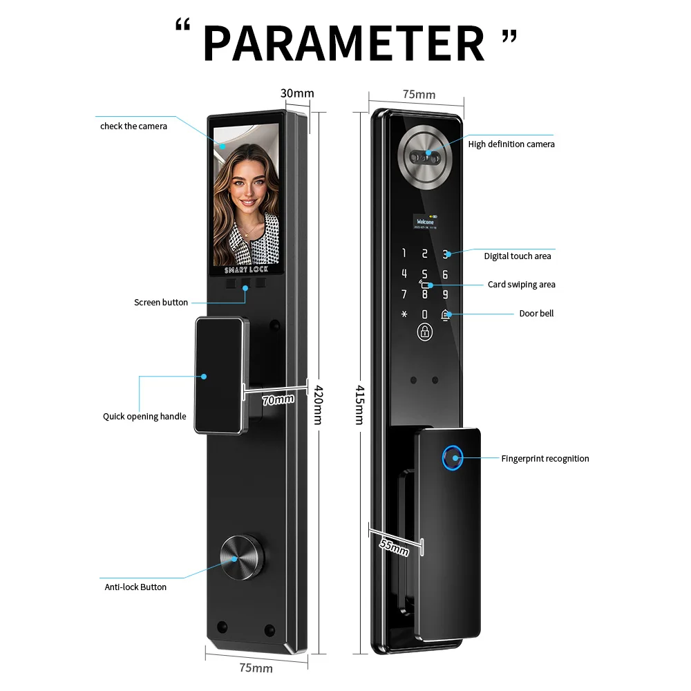 Handaily Palm Face Recognition Door Lock for Home Fingerprint Tuya App Remote Control Video Intercom Smart Lock Multi-Language C11
