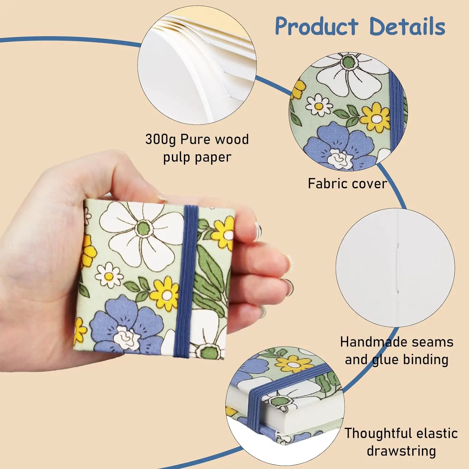 Mini Size Watercolor Sketchbook 2.4x2.4 Inch Portable Square Fabric Cover Hardcover Sketch Notebook