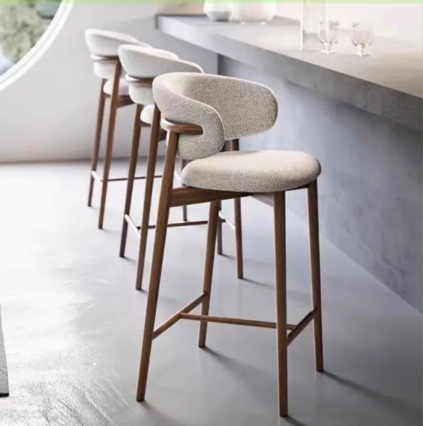 Nordic Style Modern Solid Wood Bar Stool Linen Fabric Curved Backrest Kitchen Furniture High Bar Chair for Home Bar Application
