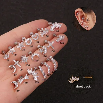 Geometric 16G Stainless Steel Earrings Crown Crystal Ear Bone Stud Piercing Earring Body Threaded Labret Jewelry Zircon Wedding