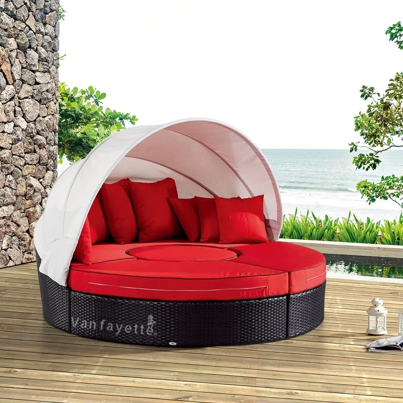 Beach Bed Sunbathing Cushion Round Rattan Canopy Rattan Daybeds For ...