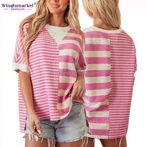 Wholesale Summer Woman Top Tees Drop Shoulder Short Sleeve Patchwork pink Stripe Waffle Oversized Custom Women t Shirt