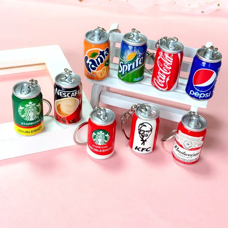 Wholesale Simulation Mini Can Keychain Pendant Creative Cola Sprite Beverage Bottle Rubber Keychains for School Bag Key Pendant