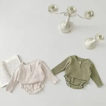 Ins Casual Solid Color Spring Infant Two-Piece Set Comfortable Pit Strip Front Placket Long-Sleeved Bottoming Shirt Shorts Suit