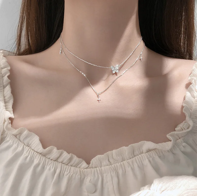 Silver Plated Chain Cross Pendant Necklace Crystal Trendy With Gift Box