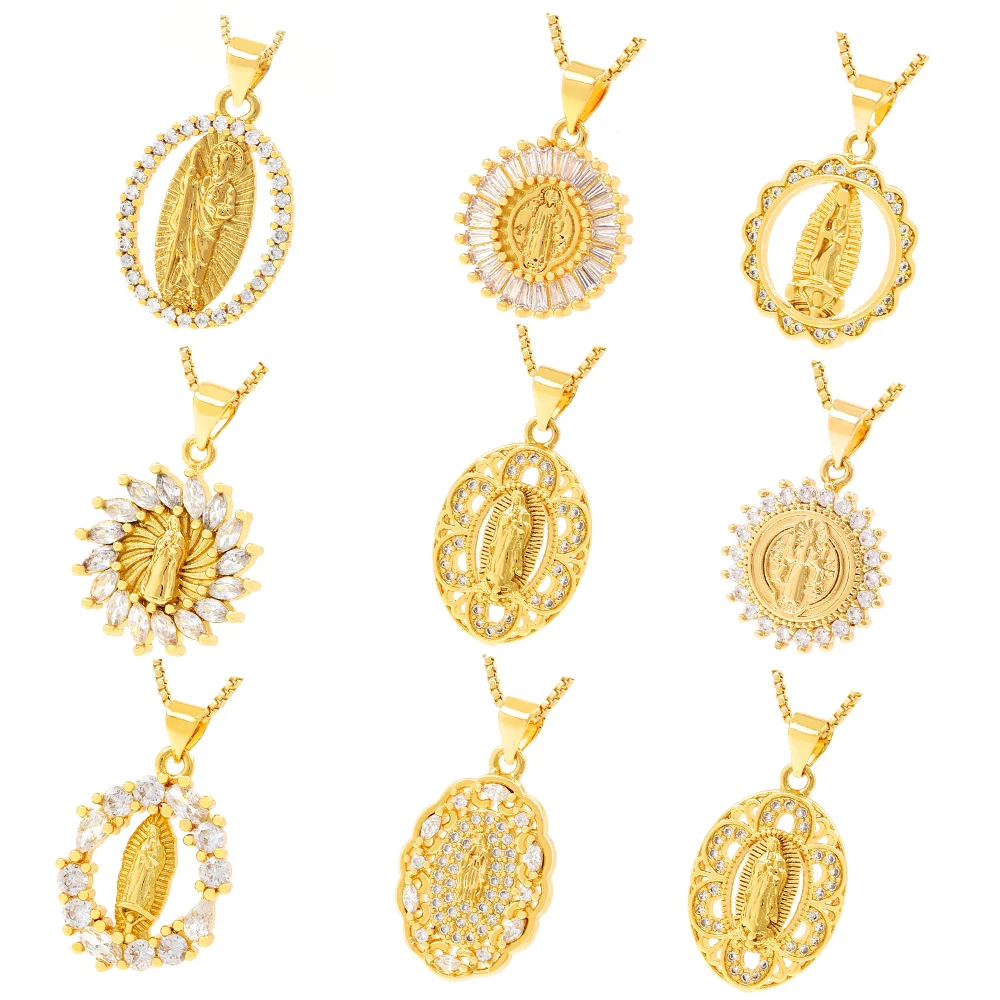 Kalung rantai CZ Virgin Mary Link berlapis emas perhiasan liontin kuningan  religius untuk wanita pria hadiah pesta aksesori persediaan DIY