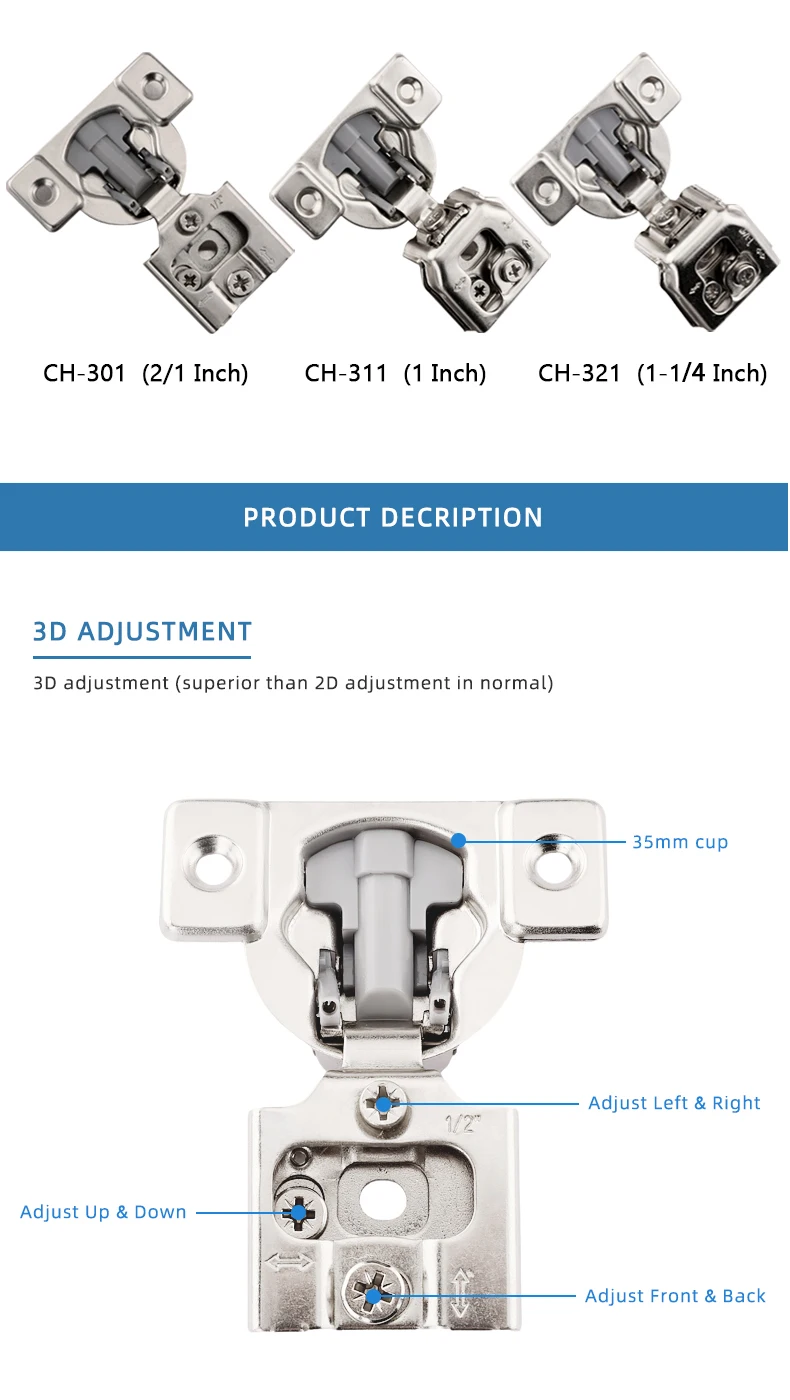 Roeasy High Quality American Type 3d Adjustable Soft Close Short Arm