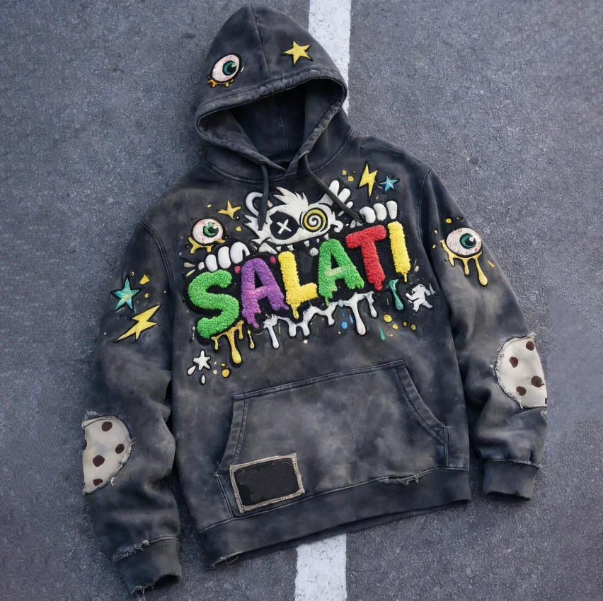 SALATI OEM Custom Acid Washed DGT Digital Printing Towel Embroidery Streetwear Heavyweight Distressed Sun Faded Men's Hoodie gallery 7