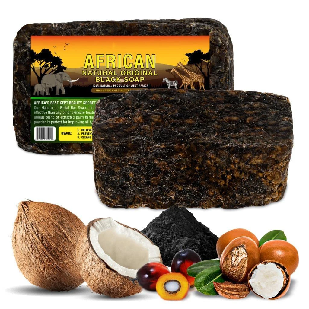Wholesale Private Label Raw Hand Made black soap African Face Body Acne Treatment Blemish Original African Black Soap