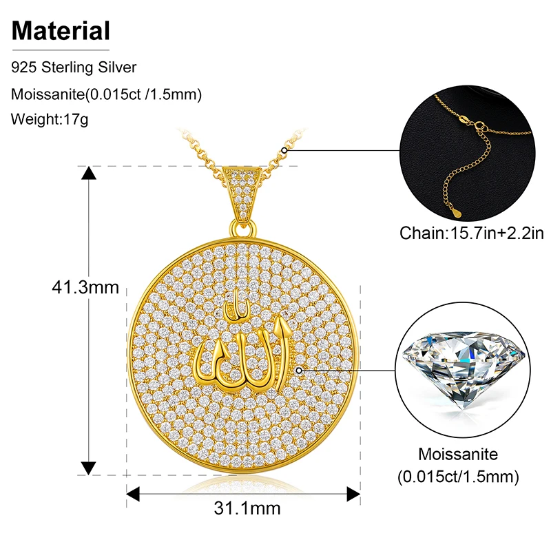 Ciondolo Allah In Moissanite Vera 2 Carati – Argento Placcato Oro Giallo 14K - Foto 3