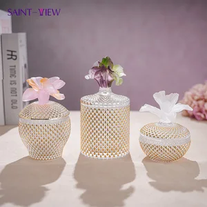Flower Crystal Glass Ornament Handcrafted Decor Artistic Glass Flower Candy Jar Container Fine