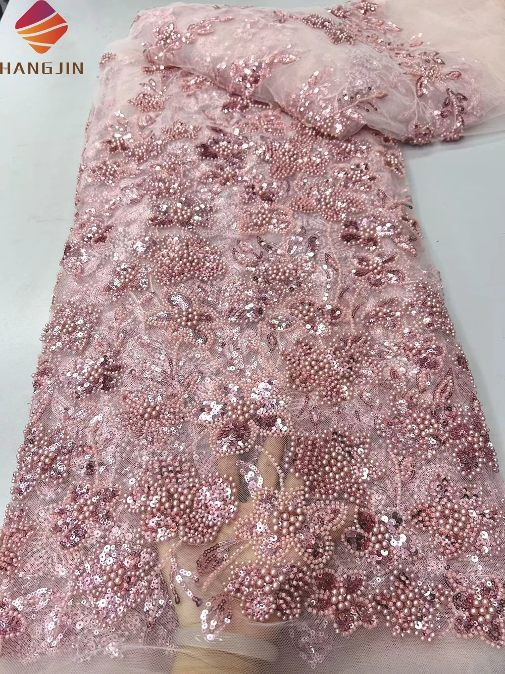 Wholesale Luxury Gold Beaded Sequined Lace Fabric for Women