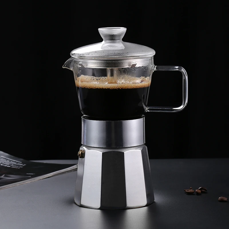Hot Sale 3 Cups Crystal Glass Top Stovetop Espresso Mocha Pot Moka