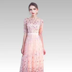 2026 Luxury A-Line Evening Elegant Temperament Slim Heavy Embroidery Sequin Neck Back Waist Tie Floor-Length Lace Parties