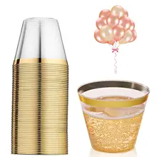 9oz Drinking Disposable Cups For Party Gold Rimmed Transparent Dessert Cups Custom Plastic Wine Glass