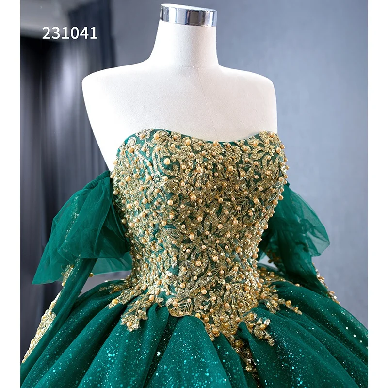 Wholesale Women Royal Emerald Green Gold Embroidery Prom Gown Long Off  Shoulder Sparkly Beading Quinceanera Dresses Teenagers