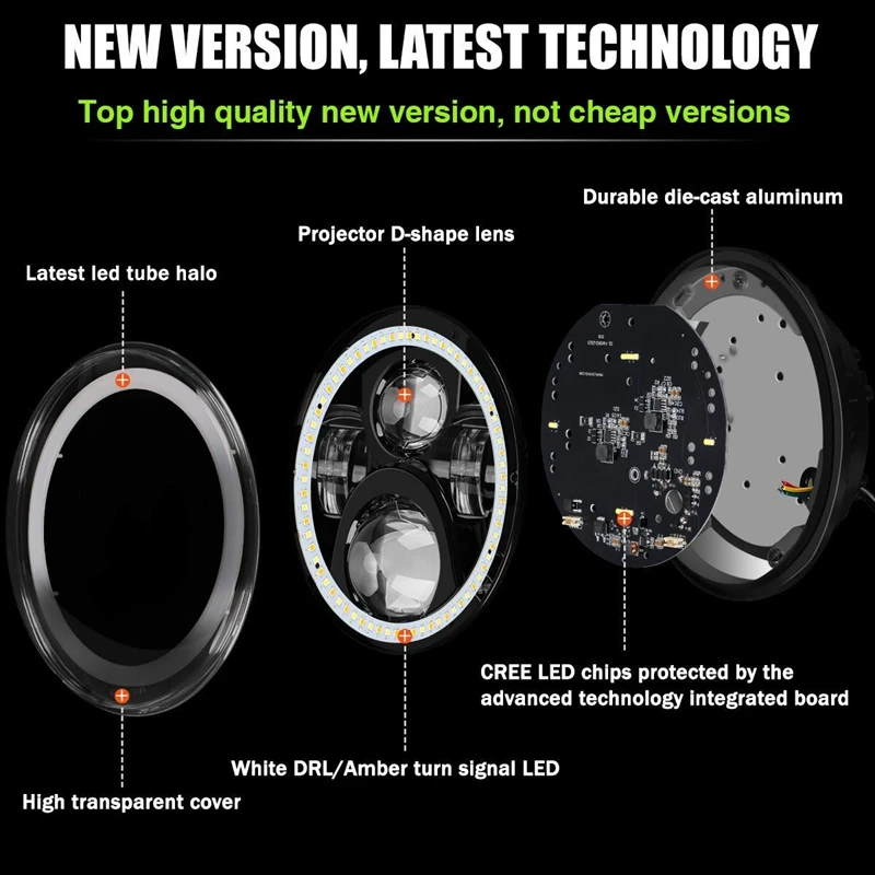 7 inch projector headlight led rgb halo rings App control round 50W hi-lo beam H4 H13 DRL turn signal lamp IP68 E9 DOT approved