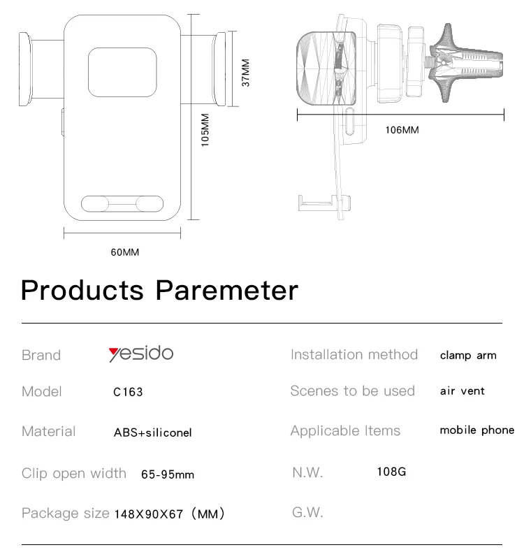 C163 Yesido Hot Selling General Motors Phone Holder Transparent Air Vent Mobile Phone Holder for Car