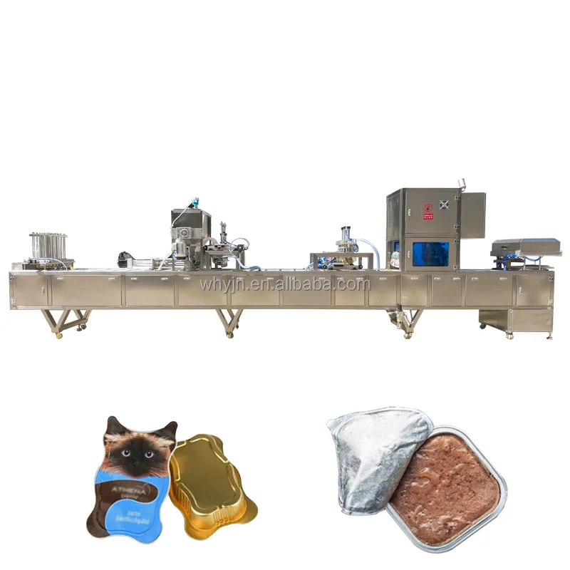 Automatic Linear Tray Filling Sealing Machine Cat Pet Food Aluminum Cup Packing Machine  Aluminum Tray Filling Sealing Machine