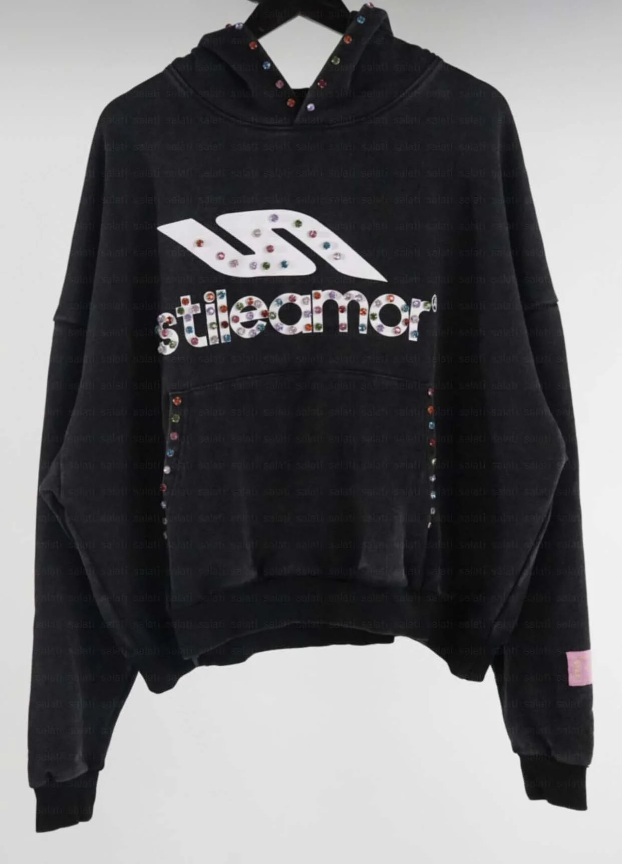 Salati Customize 100% Cotton Baggy French Terry Drop Shoulder Diamond Print Boxy Pullover Rhinestone Sweatshirts Hoodies for Men gallery 7