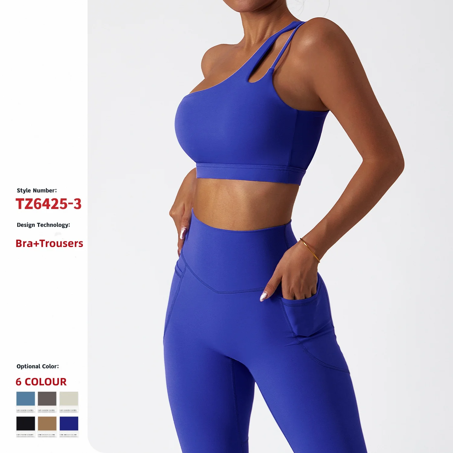 Sexy Damen 2-teilig hochelastisches Epauletten-Sport-BH mit Rückenausschnitt, Push-up, durchsichtig, hohe Taille, Seiten-Taschen Yogahose Set