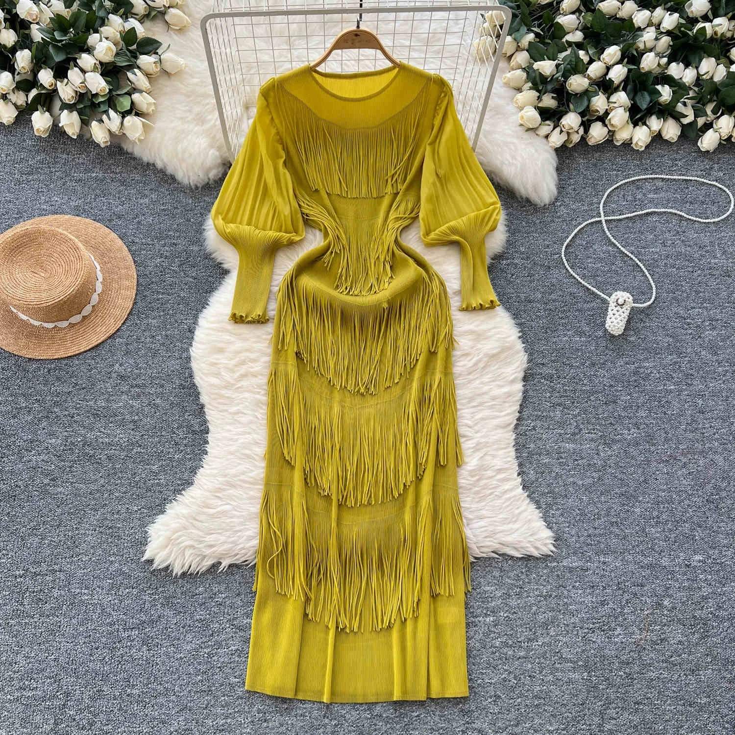 Europe and the United States Senior Lantern Sleeve Dress Women Fall Tassel  Slim Elegant Casual Long Dresses