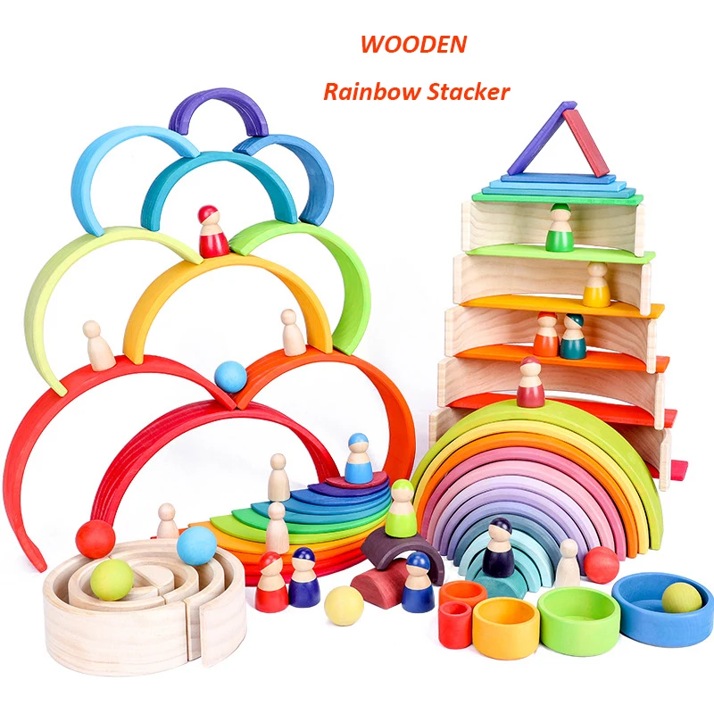 12Pieces Wooden Rainbow Blocks Rainbow Stacking Nesting Toys Kids Baby 