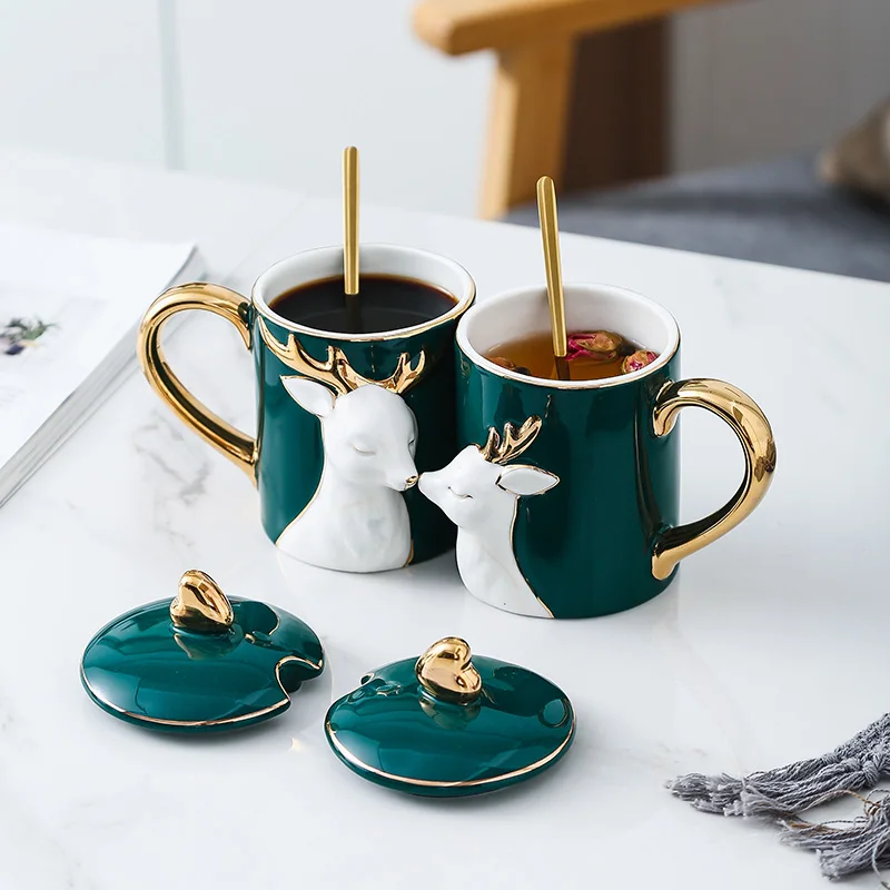 Set of 2 Nordic Mug Couple Pair Cup Creative Spoon with Lid Ceramic Love Cup Tray Lid Valentine Day Wedding Gift Box Milk Mugs