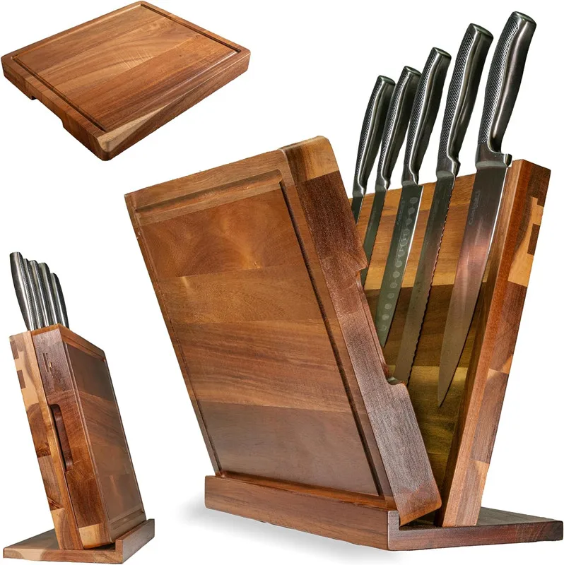 2-in-1 Magnetic Large Acacia Wood Knife Block with Built-in Cutting Board Kitchen Countertop Organizer for Knives Chopping Board