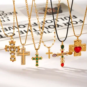 MW Design Vintage Artificial Zircon Jewelry Stainless Steel 18k Gold Pendant Necklaces Lady Fashion Gothic Zircon Cross Necklace