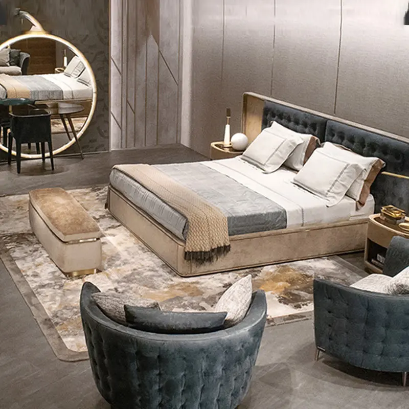 Contemporary Wood Frame Double King Size Leather Luxury Bed Home Suite Modern Wooden Queen Full Bedroom Furniture Set