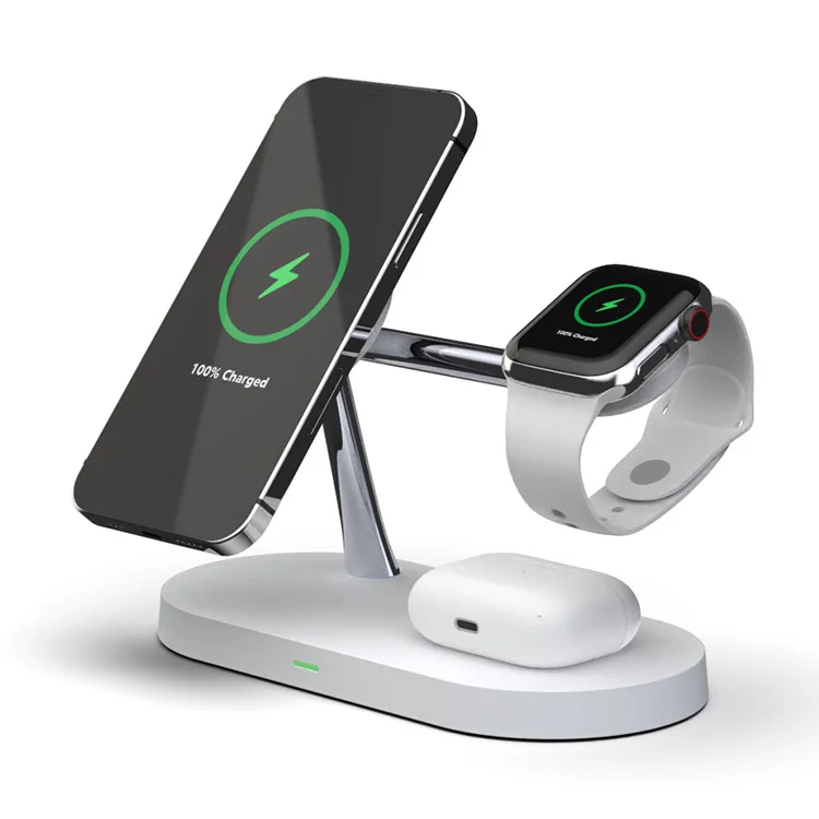 New zinc 5 in 1 magnetic 15W qi fast charging wireless charger holder for iphone 12 airpods and iwatch with LED night light