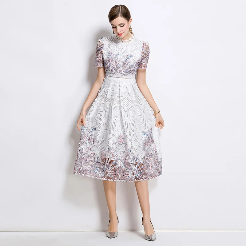 Droma in Stock 2025 Summer Elegant Hollow a Line Dresses Beautiful Lace Evening Fashion White Dress for Women