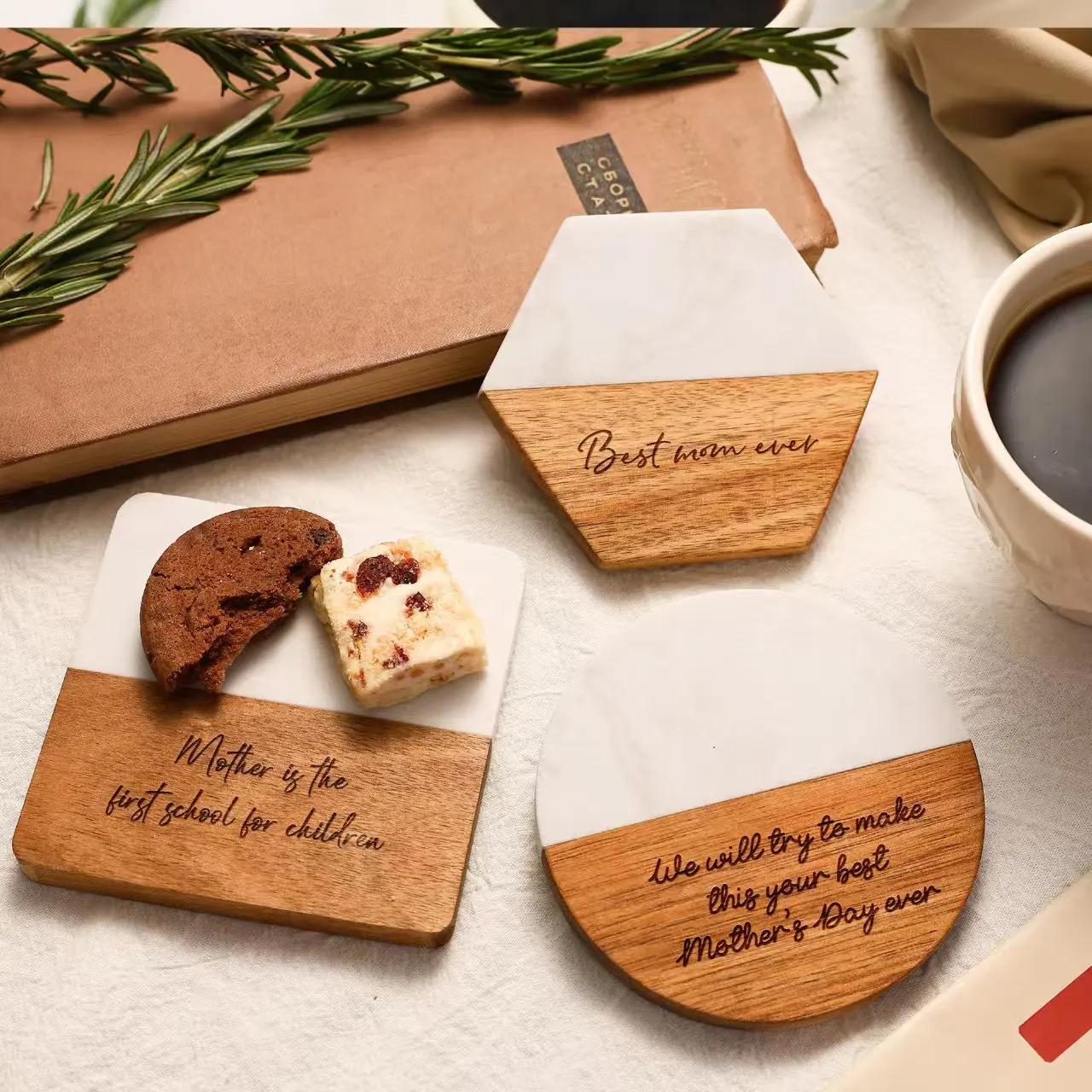 Marble Acacia Wood Heat Resistant Coffee & Tea Coaster Customizable Logo preview 5