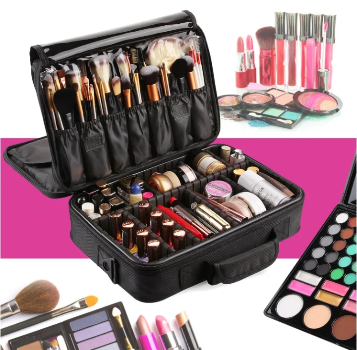 Portable Makeup Bag Layer Giant Travel Large Cosmetics Organizer Bag Case  Adjustable Dividers Train Case Make up Bags