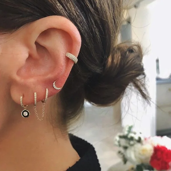 Promotion 2 Hole Double Piercing Mini CZ Circle Hoop with Chain Earring