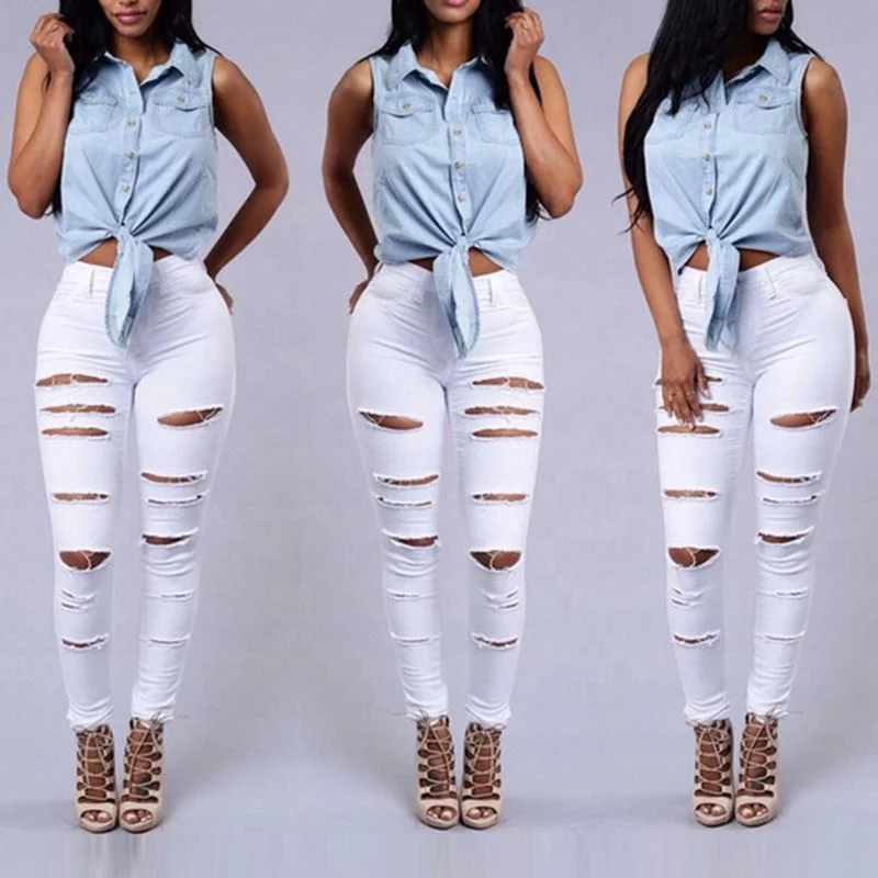 sexy skinny cut out stretch straight ripped narrow feet pants