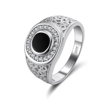 fine jewelry 925 silver ring men gold plated real sterling silver round black agate with zircon gemstone silver ring for men
