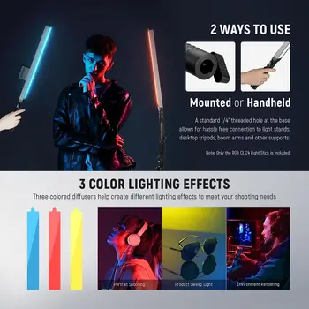 NEEWER Upgraded LED Video Light Stick Kit 2 Pack Handheld Dimmable 3200K~5600K CRI97+ Video Lights with Stands/Filters/Carry Bag detail image