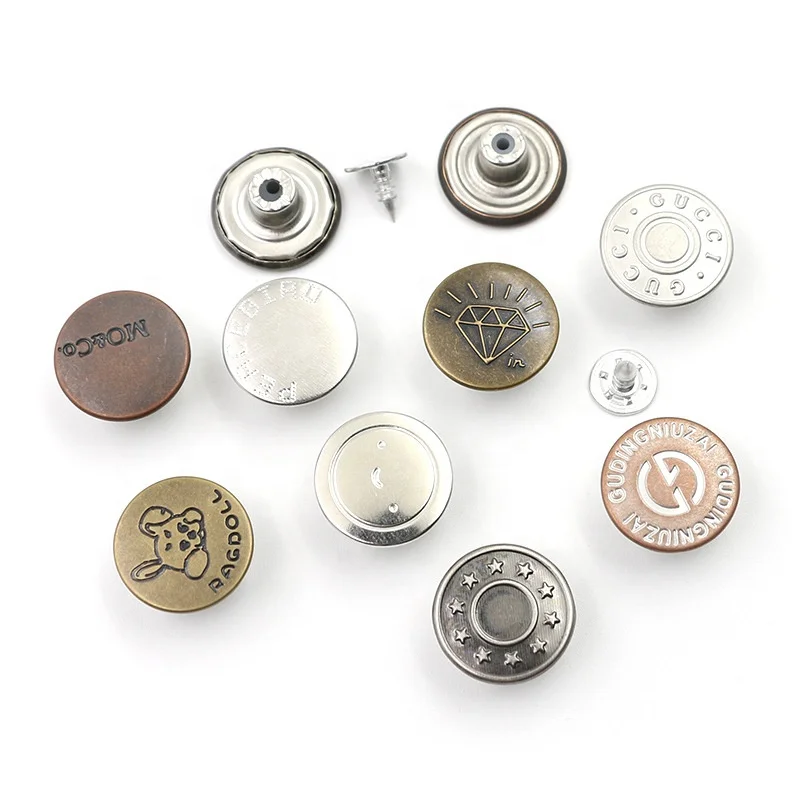 Custom Made Logo Embossed Metal Jeans Buttons High Quality Sustainable Plating Technique Available 10mm 20mm 17mm Decoration