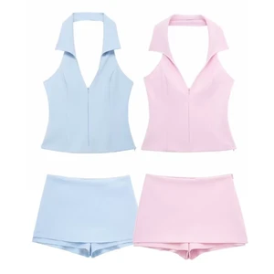 Custom Logo 2025 Women Sexy Pink Camis Top Shorts Set Summer Fashion Halter Neck Backless Top+Sweet Pink Short Pant Lady Suit