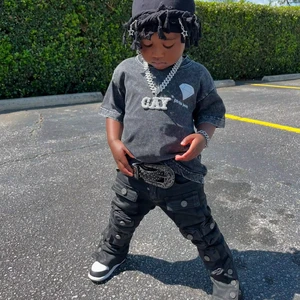 Vintage Acid-Wash Custom Knit Outfit 100% Cotton Toddler Baby Sweatpants T-shirt Heavy Weight Tracksuit Clothing Sets