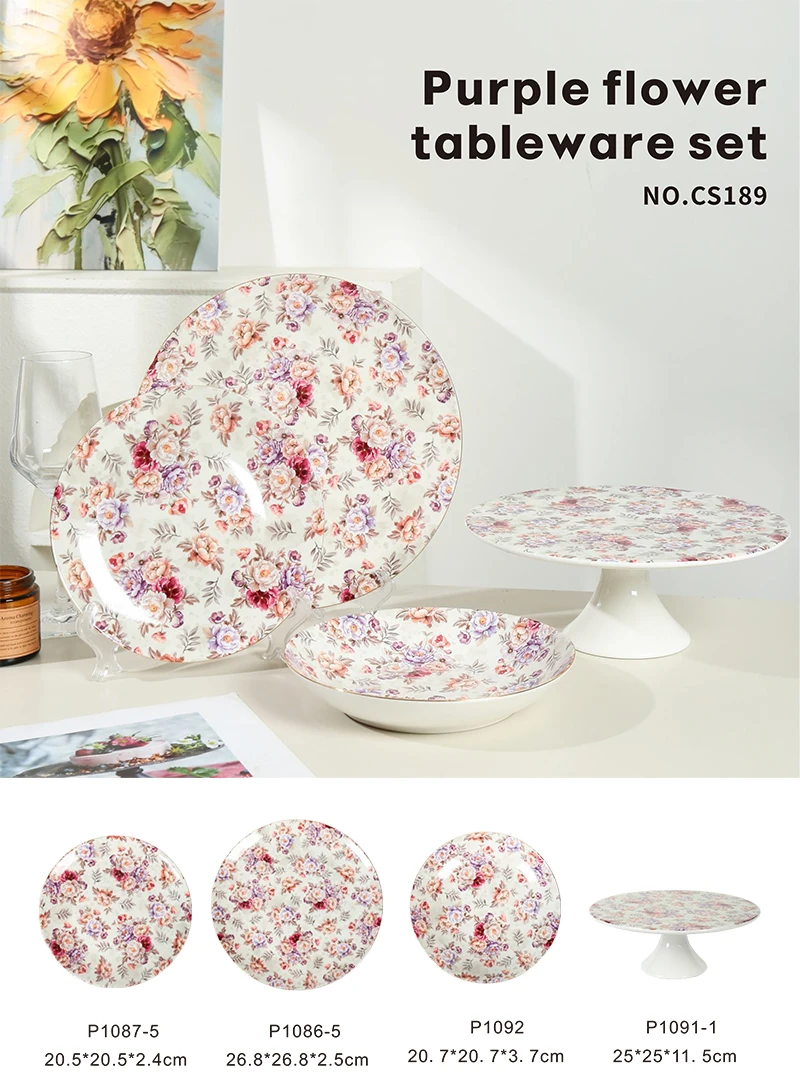 product wholesale floral ceramic bone china ceramic cake plate stand soup plate round plate tableware set-1