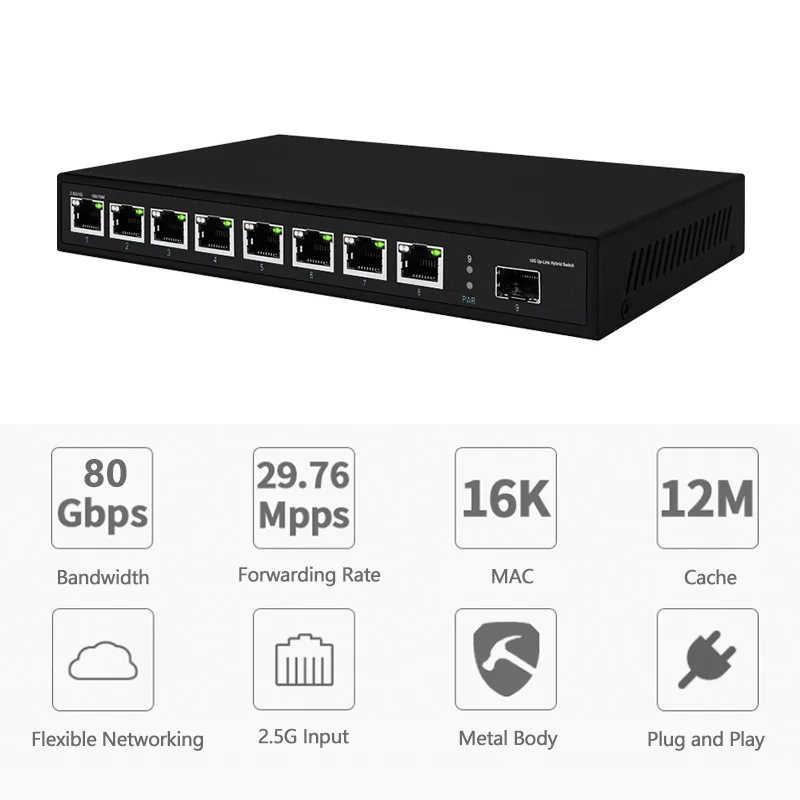 8-Port 2.5G Ethernet Switch with 1 10G SFP 100/1000/2500Mbps Unmanaged Network POE++ Switch manufacture