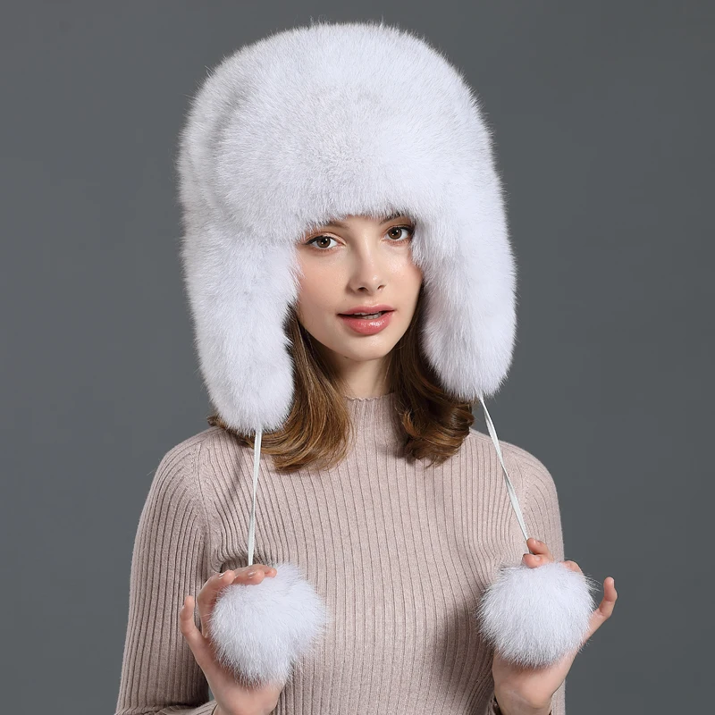 WINTER SALE!!Gorgeous fox fur cap bonnet hat ribbon pom pom luxurious one sz Silver Fox Fur Hat - Luxury Winter Trooper Hat for Women main image 3