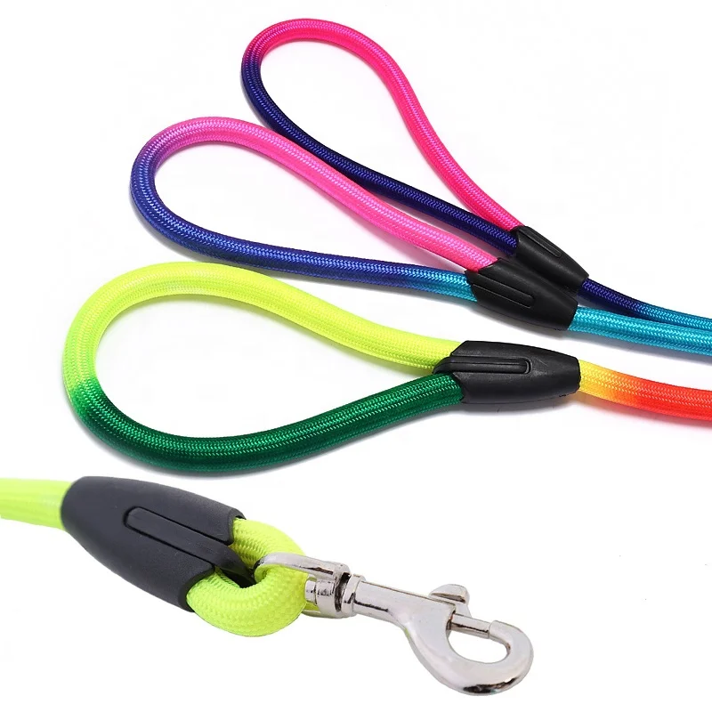 Rainbow Gradient Color Hands-Free Dog Leash Cotton and Nylon Pet Lead with Ribbon Decorations Solid Pattern Climbing Rope